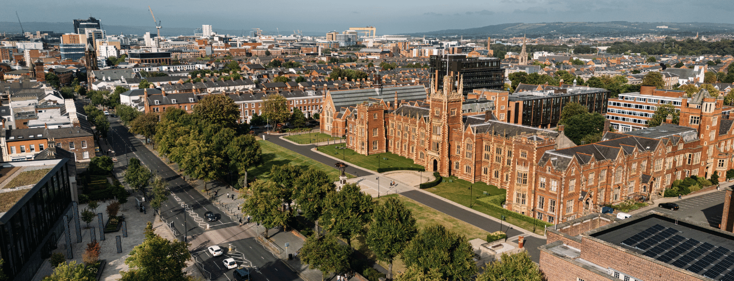 A drone shot of the Queen's University Belfast